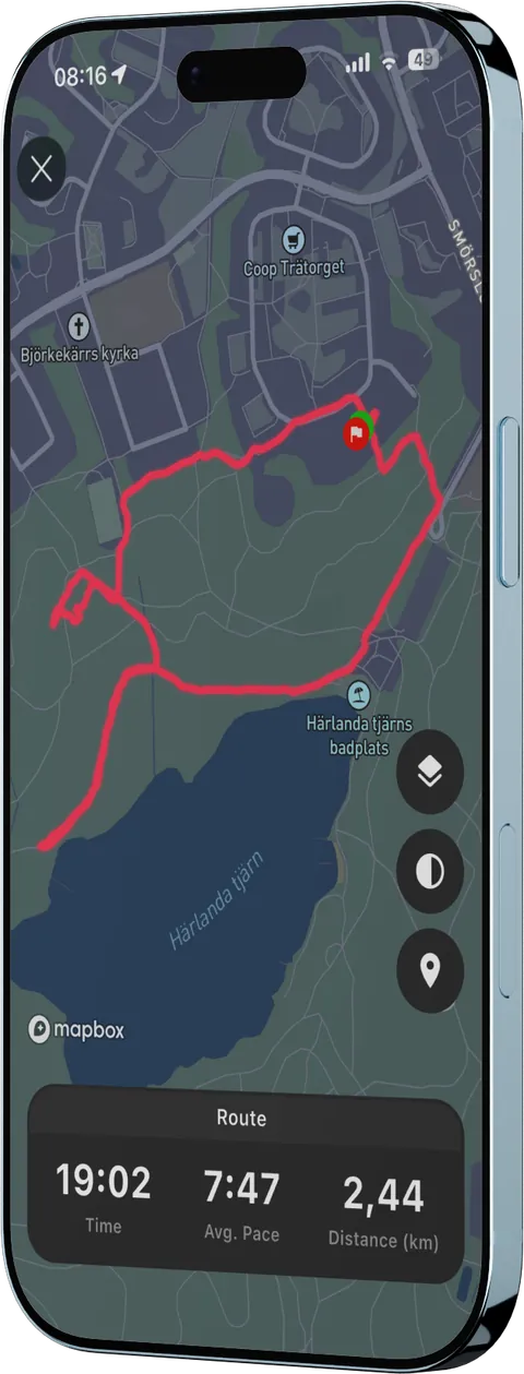 Map of a logged walk with time, pace and distance in Repit