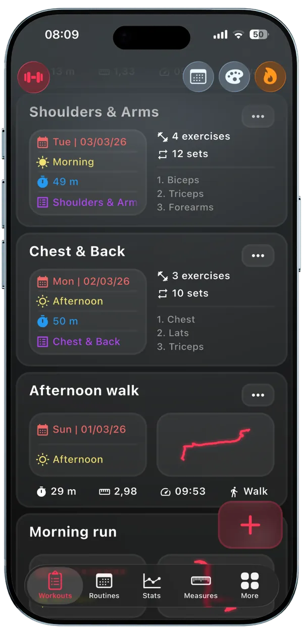 Workout history in the Repit app