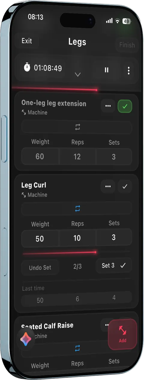 Logging weight, reps and sets during a leg workout