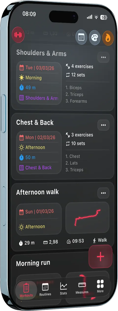 Workout history with strength and cardio sessions in Repit